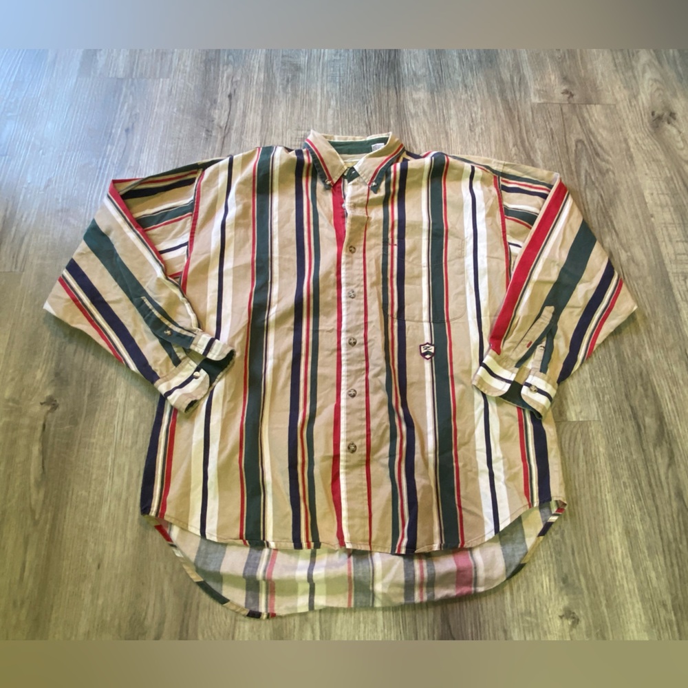 Vintage Ziza Shirt Mens Large Striped Button Down Long Sleeve 90s Y2K  Red Khaki
